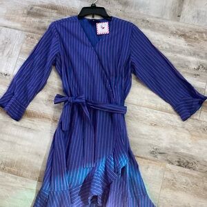 Liza Byrd Blue and Pink Striped Dress Wrap Look Dress 3/4 Sleeves